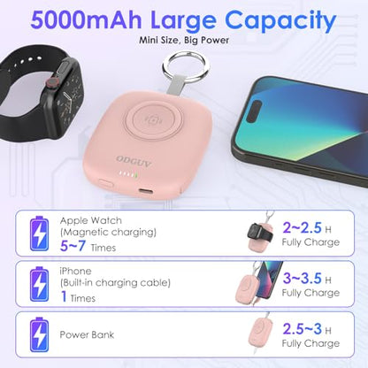 Small Portable Charger 5000mAh,iWatch Wireless Charger Mini Power Bank with Built-in Cable,Travel Keychain Charger for Apple Watch 11/10/9/8/Ultra/7/6/Se/5/4,iPhone 17/16/15/14/13/12,Android Phone - color: Pink