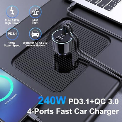 240W USB C Car Charger, Super Fast Charging 4-Ports PD3.1 140W/PD3.0 100W PPS 45W QC65W Type-C Car Adapter for MacBook Pro Laptop iPhone 16 15 Max iPad Samsung Galaxy S24/23 Pixel etc