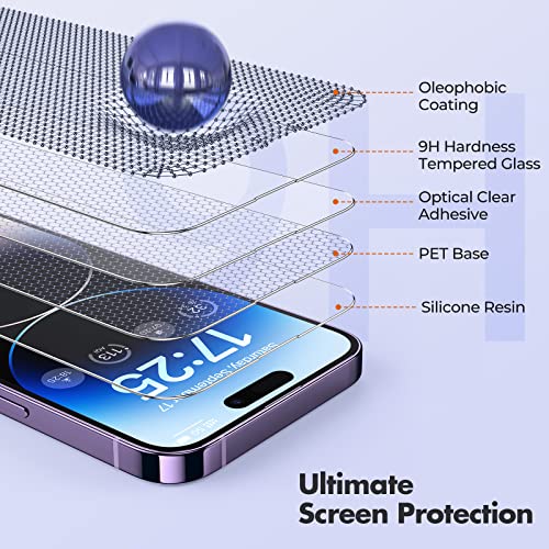 UNBREAKcable 3-Pack Screen Protector for iPhone 14 Pro Tempered Glass | Shatterproof, Easy Install, 9H Hardness, 99.99% HD Clear, Bubble-Free, Anti-Fingerprint, Scratch Resistant, Case Friendly - size: iPhone 14 Pro
