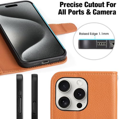 Arae Compatible with iPhone 15 Pro Max Case with Card Holder and Wrist Strap Wallet Flip Cover for iPhone 15 Pro Max 6.7 inch Men RFID Blocking Wristlet Kickstand,Light Brown - color: Litchi Light Brown, size: iPhone 15 Pro Max 6.7 inch