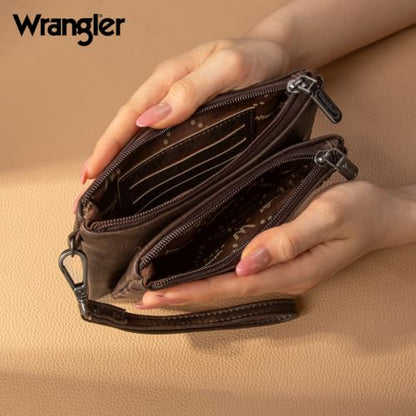 Montana West X Wrangler Western Women's Wallets Large Minimalist Phone Wallet for Ladies Female Double Zipper Cash Wallet with Rfid Lining - color: Coffee
