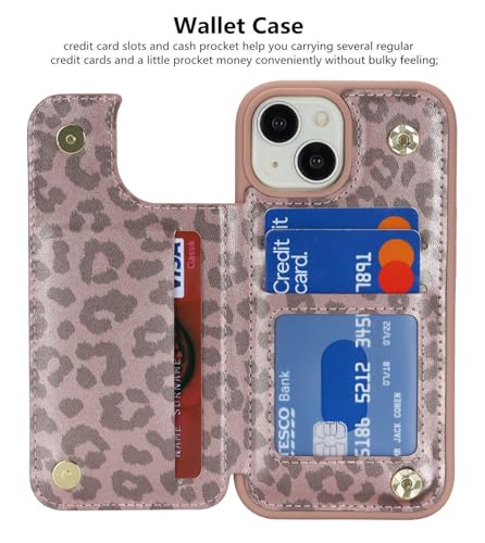 iCoverCase Compatible with iPhone 14 Case with Card Holder, Wallet Case for Women Men RFID Blocking PU Leather Protective Phone Case 6.1 Inch (Rose Gold Leopard) - color: Rose Gold Leopard