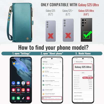 Defencase for Samsung Galaxy S25 Ultra Wallet Case with Card Holder, Green | with RFID Blocking Zipper Pocket, Durable PU Leather, Wrist Strap, S25 Ultra Flip Phone Cases Cover with Stand for Women Men - color: Blue Green