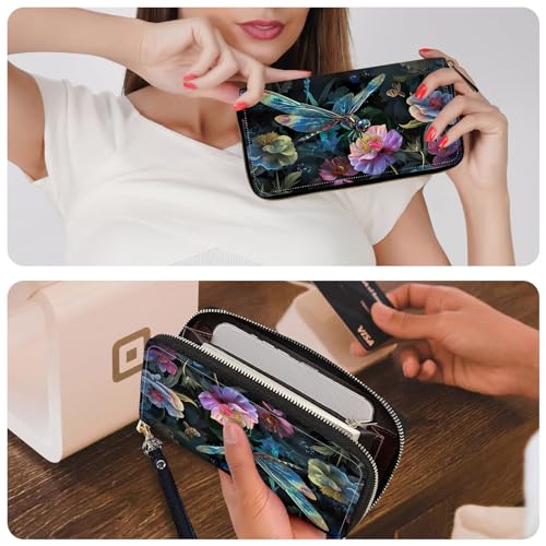 Ladies Wallet,Clutch Purses for Women Wallets Leather Credit Card Holder for Women Wristlet Slim Small Cute with Zipper,Thin RFID Blocking with Wrist Strap,Art Cute Dragonfly - color: Art Cute Dragonfly