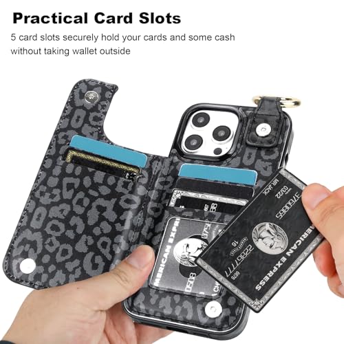 HAOPINSH for iPhone 16 Pro Max Wallet Case with Card Holder, Black Leopard Cheetah Print Back Flip Folio PU Leather Kickstand Card Slots Case, Finger Grip Ring Double Magnetic Clasp Shockproof 6.9" - color: Blue Florals Grip Ring