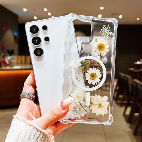 Compatible with Samsung Galaxy S23 Ultra Case,Compatible with MagSafe,Cute Pressed Dried Flowers Design Women Girly Shockproof Floral Clear Magnetic Case for Galaxy S23 Ultra (White) | Cute Pressed Dried White Flowers Design Women Girly Shockproof Floral