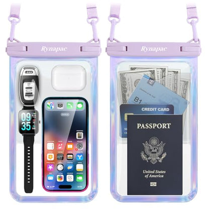 Rynapac Large Waterproof Phone Pouch Up to 10", 2 Pack IPX8 Protector Pouch | Large Capacity, Touchscreen & Underwater Photos, Adjustable Lanyard for iPhone 17 16 15 Pro Max, Beach Cruise Essentials 2026 - color: [Iridescent + Iridescent] Large Waterproof