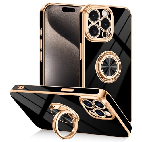 Designed for iPhone 15 Pro Max Case with Ring Stand Slim Black | 360° Rotatable Finger Holder, Support Magnetic Car Mount, Soft TPU Electroplated, Full Lens Protection, Shockproof Phone Case - color: Black, size: 6.7'' iPhone 15 Pro Max