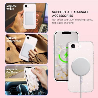 DUEDUE for iPhone 17E/16E Case Magnetic[Compatible with MagSafe], Clear Glitter Anti-Yellowing Bling Sparkle Transparent Phone Case for iPhone 17E/16E 6.1", Clear/Glitter