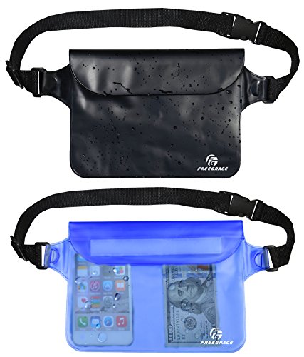 Freegrace Waterproof Pouches with Waist Strap / Pouch Case Bundle Set- Keep Your Phone & Valuables Dry and Safe - Waterproof Dry Bags for Boating Swimming Snorkeling Kayaking Beach Water Parks Pool - color: Black + Blue