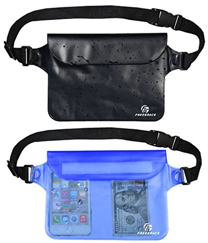 Freegrace Waterproof Pouches with Waist Strap / Pouch Case Bundle Set- Keep Your Phone & Valuables Dry and Safe - Waterproof Dry Bags for Boating Swimming Snorkeling Kayaking Beach Water Parks Pool - color: Black + Blue