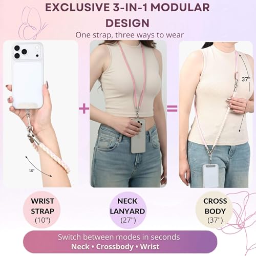 3-in-1 Crossbody Phone Lanyard, Cellphone Wrist Strap, Neck Holder for Travel, Dog Walking Accessories Anti-Theft - color: Pink