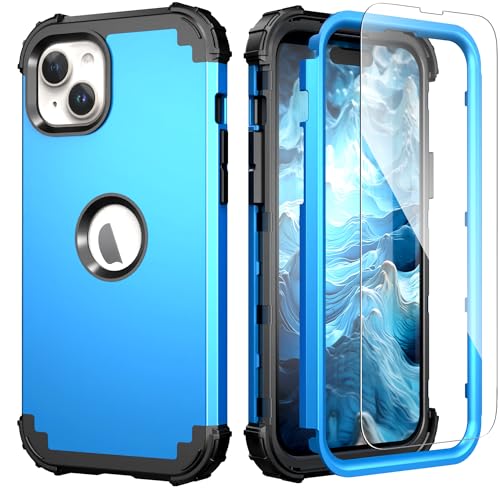 IDweel for iPhone 15 Case with Screen Protector,Luxury 3 in 1 Shockproof Slim Fit Hybrid Heavy Duty Protection Glitter Hard PC Cover Soft Silicone Bumper Full Body Case,Sky Blue - color: Sky Blue