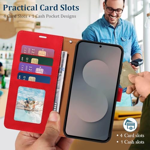 RFID Blocking for Samsung Galaxy S25 FE Case Wallet (Red) | 4 Card Slots, Soft PU Leather, TPU Inner Shell, Wrist Strap, Stand, Magnetic Folio Flip Cover, Shockproof Protective - color: Red
