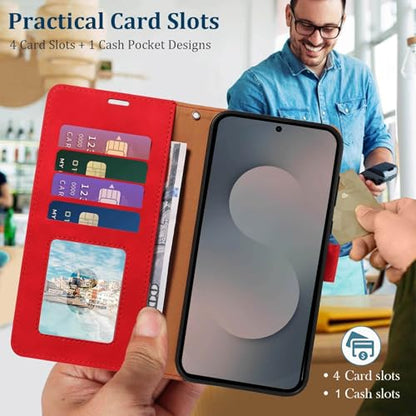 RFID Blocking for Samsung Galaxy S25 FE Case Wallet (Red) | 4 Card Slots, Soft PU Leather, TPU Inner Shell, Wrist Strap, Stand, Magnetic Folio Flip Cover, Shockproof Protective - color: Red