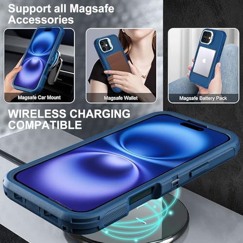 YKHJKLEC for iPhone 16 Case, Military Grade 3 in 1 Heavy Duty Shockproof/Drop Proof/Dust Proof with Kickstand Case, with 2 x Tempered Glass Screen Protector & 1 x Wrist Strap (ZJ-Navy Blue) - color: ZJ-Navy Blue