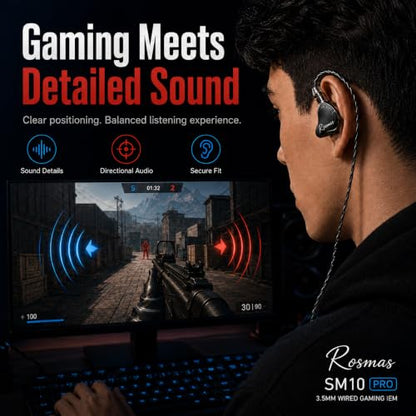 Rosmas Wired Earbuds with Mic,SM10 Pro Wired Gaming IEM Earbuds with Mic, Detachable 2-Pin Cable, 4BA+1DD Hybrid in-Ear Headphones, Secure Over-Ear Fit, 3.5mm for PC and Controllers，Black - color: Black