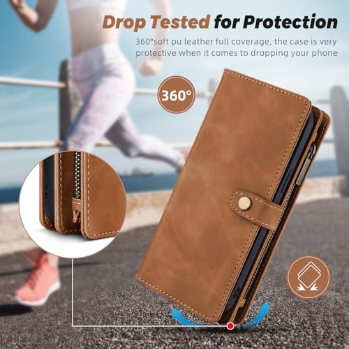 TwoHead for iPhone 11 Wallet case with 11 Card Holder (Brown) | Detachable Magnetic Phone Case, PU Leather Wallet for Women/Men,Wireless Charging Compatible,with Wrist Strap - color: Brown
