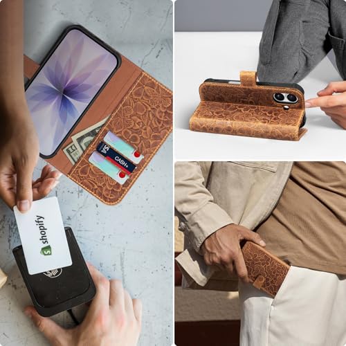 Genuine Leather Wallet Case for iPhone 17, Brown | 2-in-1 Magnetic Detachable, Flip Folio Cover, Card Slots, RFID Blocking, Shockproof Protection - color: Brown, size: 17 6.3‘’