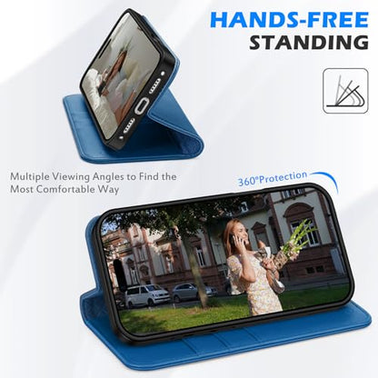 SHIELDON Genuine Leather Wallet Case for iPhone 17 Pro 6.3", Sapphire Blue | Magnetic Closure, RFID Blocking, Credit Card Holder, Kickstand, Folio Design, Shockproof Phone Cover for Men Women - color: Sapphire Blue
