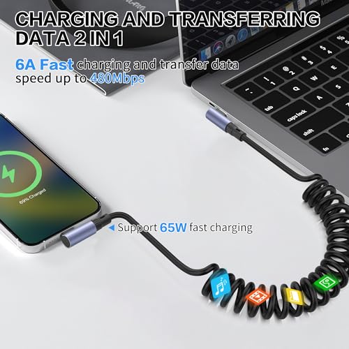 YACSEJAO 90 Degree Coiled USB C to USB C Cable 65W 1M/3.2FT, Side Angle - style: Side Angle