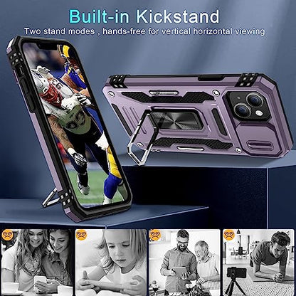 DEERLAMN Case for iPhone 13/iPhone 14 6.1-Inch with Slide Camera Cover+Screen Protector(2 Packs),Rotated Ring Kickstand Military Grade Shockproof Protective Cover-Deep Purple - color: Deep Purple