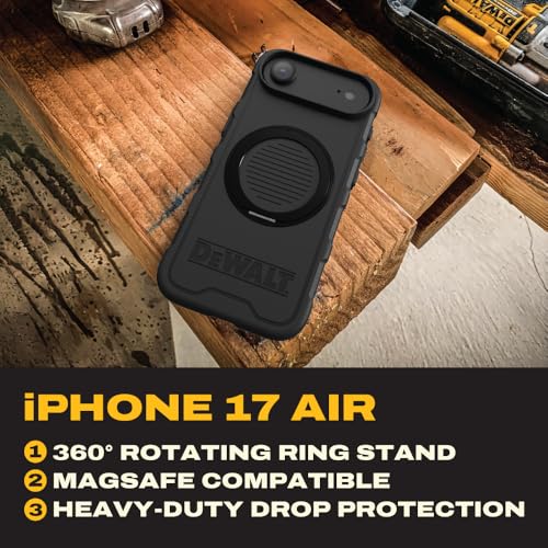 DEWALT Compatible iPhone 17 Air Magnetic Case with Stand, Rugged Shockproof Cover w/ 360° Rotatable Ring Holder, Compatible with MagSafe iPhone 17 Air Case Kickstand, Heavy-Duty Protective Black - size: iPhone 17 Air