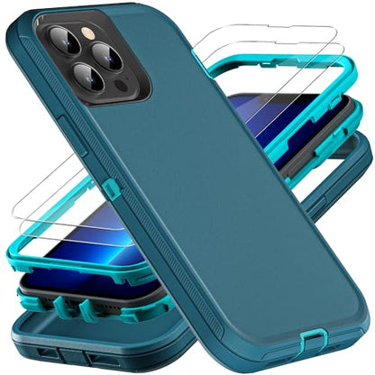 YKHJKLEC for iPhone 13 Pro Max Case, Military Grade 3 in 1 Heavy Duty Shockproof/Drop Proof/Dust Proof Case with 2Pcs Tempered Glass Screen Protector (Blue/Turquoise) - color: Blue/Turquoise