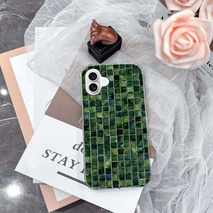 DJSOK Compatible with iPhone 16,Glossy PC Anti-Scratch Shockproof Case - Aesthetic Toned Tiles Green Glass - color: Aesthetic Toned Tiles Green Glass, size: iPhone 16