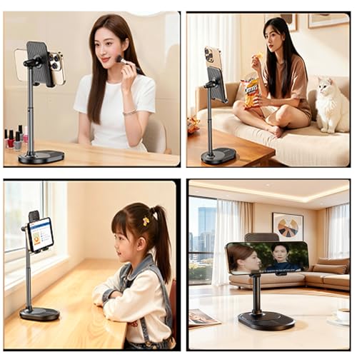 Phone Stand for Desk, Height Adjustable Desktop Phone Holder, 270°Angle Adjustable Tablet Stand with Weighted Base and Aluminum Alloy Support Rod for Phone and Tablet 4"-11" - color: Black