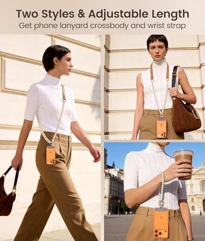 pcgaga Leather Pearl Phone Lanyard for Cellphone Case, Phone Strap Crossbody for Women's Case, Fashion Durable Skin-Friendly - color: Brown