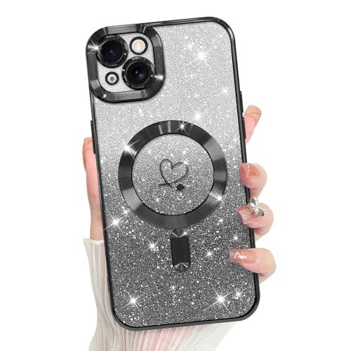 Bonoma Compatible with iPhone 15 Plus Case Heart Glitter -Black | Support for MagSafe, Plating Magnetic 2* Screen Protector TPU Camera Protection Back Cover for Girls Women - color: Black, size: iPhone 15 Plus