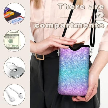 Universal Phone Sleeve Pouch with Crossbody Strap 7.6 X 4.3 Inches Shockproof Water Resistant Mobile Protection Bag-Glitter Pink Neoprene Phone Pouch Bag - color: Glitter Pink-Phone Pouch