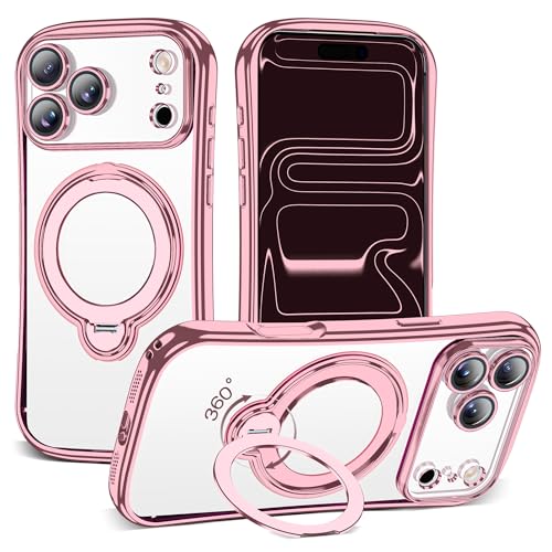 Clear Phone Case for iPhone 17 Pro 6.3", Pink | Compatible with iPhone 17 Pro Case with 360° Rotatable Magnetic Ring Stand Full Camera Lens Protector Plating Mag-safe Case - color: Pink, size: Iphone 17 Pro