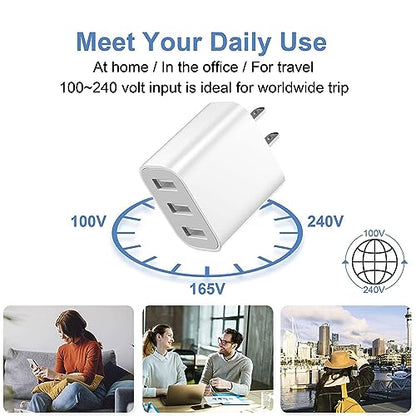 3 USB A Ports Charger Block,YTFCYIKBG Cell Phone wall Chargers,USB Cube - color: Matte White