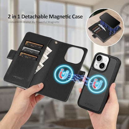 Antsturdy Compatible with MagSafe iPhone 14 Wallet Case,Black | Detachable Magnetic Credit Card Holder,RFID Blocking,PU Leather Zipper Purse,Wrist Strap Kickstand,Flip Phone Cover for Women - color: (Detachable with Magsafe)-Black