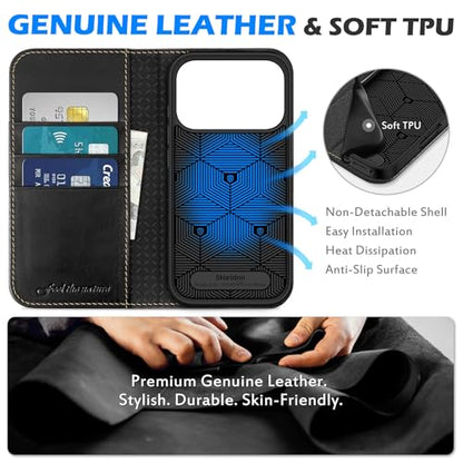 SHIELDON Genuine Leather Wallet Case for iPhone 17 Pro 6.3", Retro Black | Magnetic Closure, RFID Blocking, Credit Card Holder, Viewing Stand, Folio Design, Shockproof Protective Cover - color: Retro Black