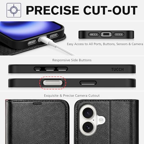 TUCCH Case Wallet for iPhone 16 (6.1"), RFID Blocking Folio, Textured Black | 4 Card Holders, Kickstand, PU Leather, Magnetic Closure, Shockproof TPU Shell, Protective Flip Cover - color: Textured Black
