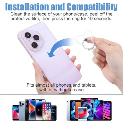 2 Pack Cell Phone Finger Ring Stand with Sparkly Diamond, Heart Clear Phone Grip, Transparent Adjustable Anti Drop Heart Shape Ring Holder 360° Rotation Finger Stand for Smartphones and Tablets