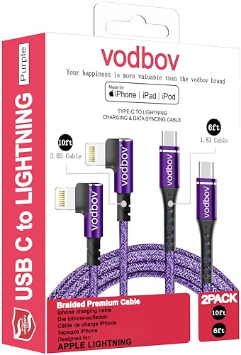 USB-C to Lightning Braided Cable iPhone Charger Fast Charging Cord Right Angle 2pack 10ft 6ft 90 Degree MFi Certified Cable Xr Sage (Purple)