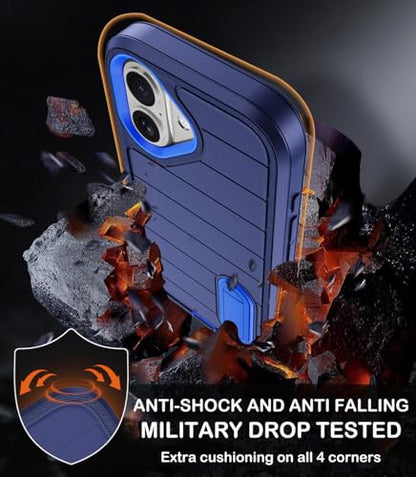 for iPhone 16 Case with Screen Protector, Heavy Duty Shockproof Drop Protection Military Grade Tri-Layer Full Covered Rugged Durable Cell Phone Cover with Built-in Invisible Kickstand 6.1" (Blue) - color: Blue
