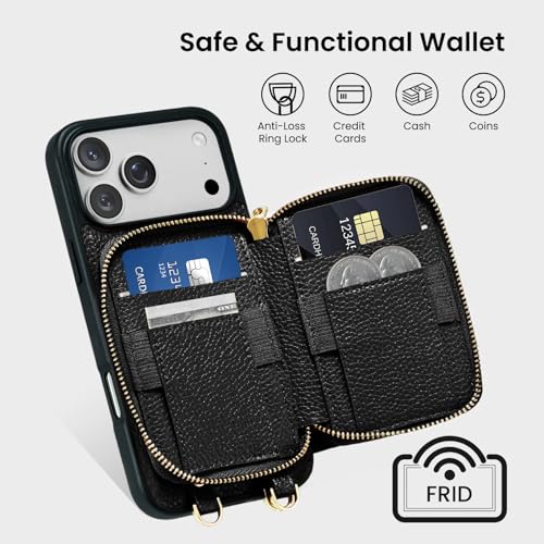 ORNARTO Magnetic Detachable Wallet Case for iPhone 17 Pro Max, Black | Compatible with MagSafe, Crossbody Wallet Case with Card Holder Wrist Strap, RFID Blocking PU Leather Wallet Phone Cover 6.9” - color: Black
