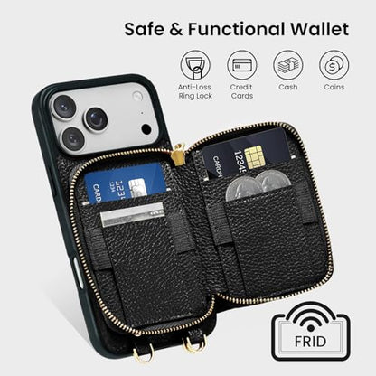 ORNARTO Magnetic Detachable Wallet Case for iPhone 17 Pro Max, Black | Compatible with MagSafe, Crossbody Wallet Case with Card Holder Wrist Strap, RFID Blocking PU Leather Wallet Phone Cover 6.9” - color: Black