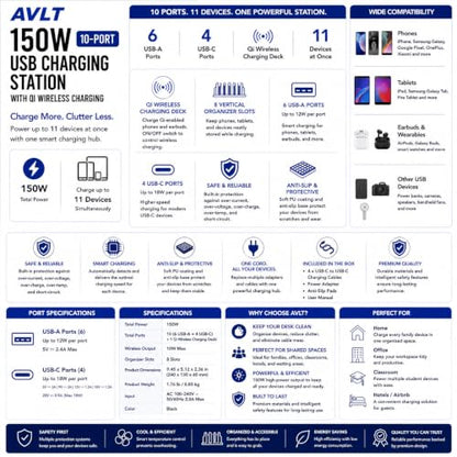 AVLT 150W 10 Port USB-A USB-C with Qi Wireless Charging Station - Black