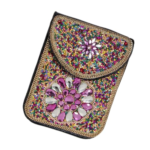 Women's Mobile Phone Bag, Cellphone Pouch, Retro Beads Shoulder Bag, Handcrafted Embellished Clutch Purse, Beaded Design - color: 12b