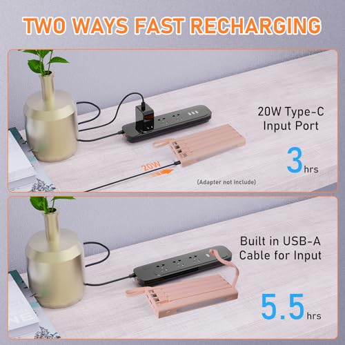 Portable Charger with Built in Cables,10000mAh Power Bank with LED Lamp Fast Charging 3.0 USB C External Battery Pack Phone Charger with LED Display for iPhone, Samsung and Cell Phones (Pink) - color: Pink