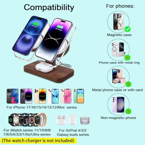 Wood Dual Phone Charging Station Compatible with Magsafe Charger - color: Without Apple Watch Charger