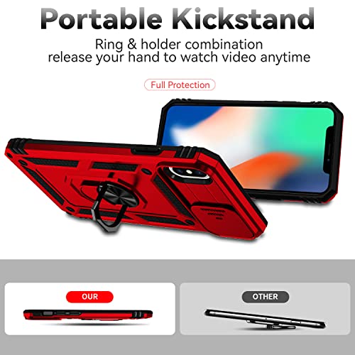 for iPhone Xs Max Case with Camera Lens Cover HD Screen Protector, Dual Layer Military Grade Drop Protection Magnetic Ring Holder Kickstand Protective Phone Case for iPhone Xs Max 6.5 inch (Red) - color: Red with camera cover Military-Grade 2nd gen