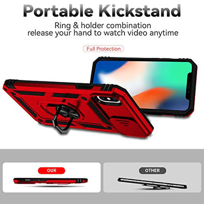 for iPhone Xs Max Case with Camera Lens Cover HD Screen Protector, Dual Layer Military Grade Drop Protection Magnetic Ring Holder Kickstand Protective Phone Case for iPhone Xs Max 6.5 inch (Red) - color: Red with camera cover Military-Grade 2nd gen