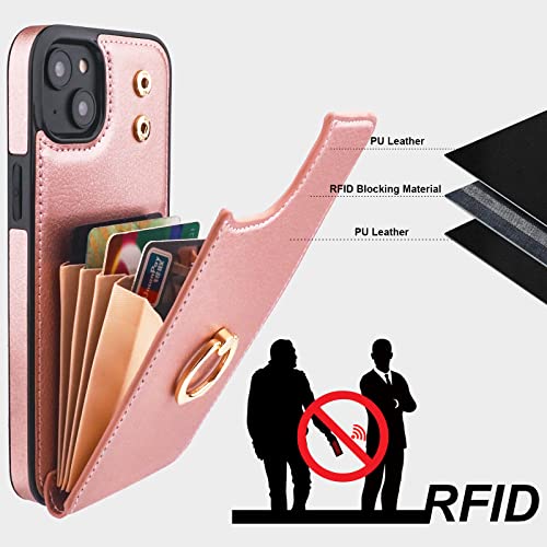Folosu Compatible with iPhone 14 Plus Case Wallet with Card Holder, 360°Rotation Finger Ring Holder Kickstand, RFID Blocking Leather Protective Double Buttons Shockproof Cover 6.7 Inch Rose Gold - color: Rose Gold, size: iPhone 14 Plus